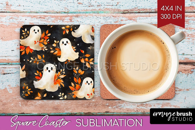 Cute Ghost Square Coaster - Halloween Coaster Sublimatio Sublimation OrangeBrushStudio 