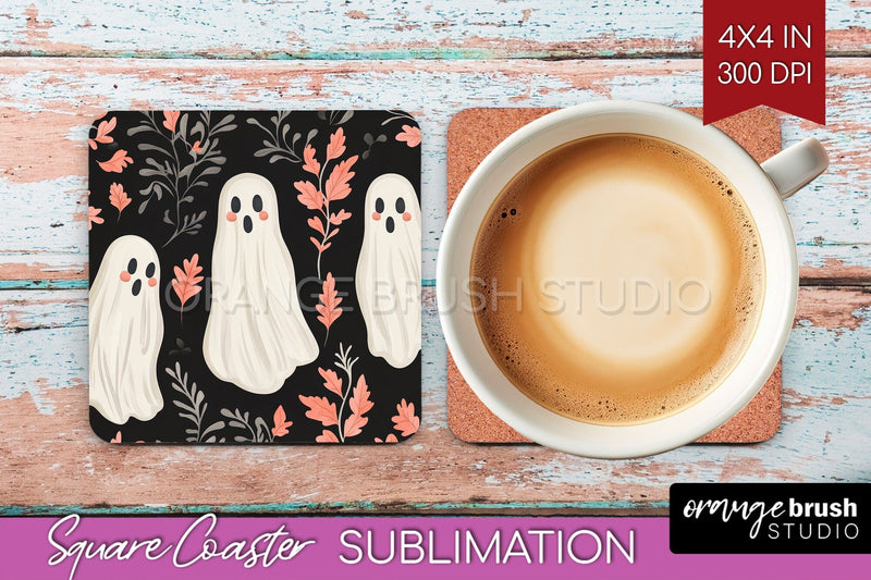 Cute Ghost Square Coaster - Halloween Coaster Sublimatio Sublimation OrangeBrushStudio 