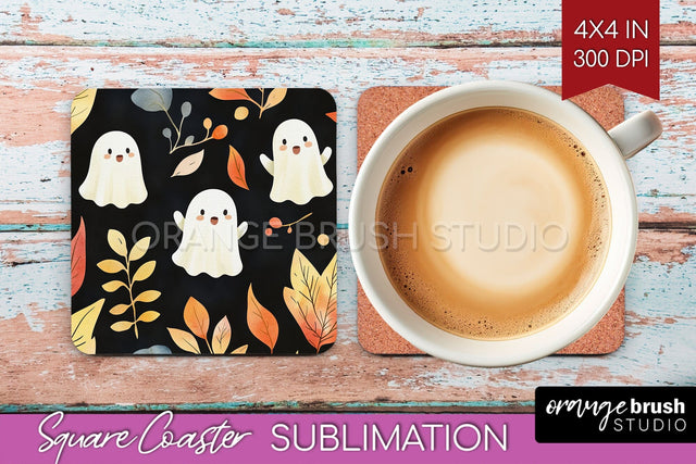 Cute Ghost Square Coaster - Halloween Coaster Sublimatio Sublimation OrangeBrushStudio 