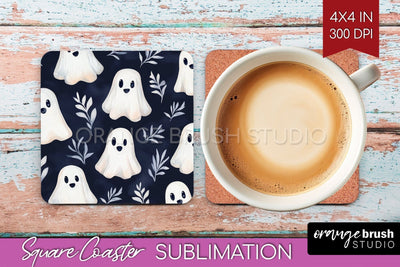 Cute Ghost Square Coaster - Halloween Coaster Sublimatio Sublimation OrangeBrushStudio 
