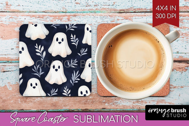 Cute Ghost Square Coaster - Halloween Coaster Sublimatio Sublimation OrangeBrushStudio 