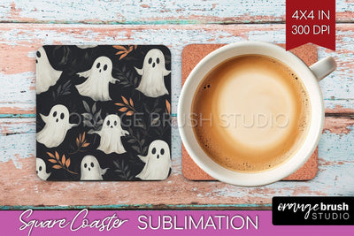 Cute Ghost Square Coaster - Halloween Coaster Sublimatio Sublimation OrangeBrushStudio 
