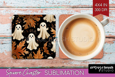 Cute Ghost Square Coaster - Halloween Coaster Sublimatio Sublimation OrangeBrushStudio 