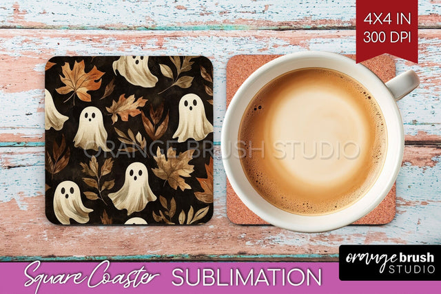 Cute Ghost Square Coaster - Halloween Coaster Sublimatio Sublimation OrangeBrushStudio 
