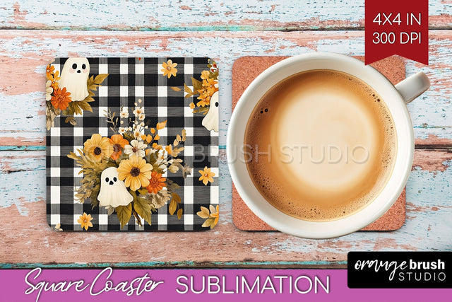 Cute Ghost Square Coaster - Halloween Coaster Sublimatio Sublimation OrangeBrushStudio 