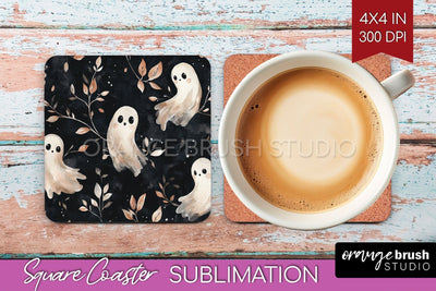 Cute Ghost Square Coaster - Halloween Coaster Sublimatio Sublimation OrangeBrushStudio 