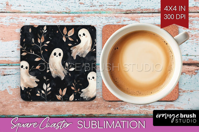 Cute Ghost Square Coaster - Halloween Coaster Sublimatio Sublimation OrangeBrushStudio 