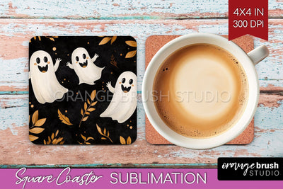 Cute Ghost Square Coaster - Halloween Coaster Sublimatio Sublimation OrangeBrushStudio 