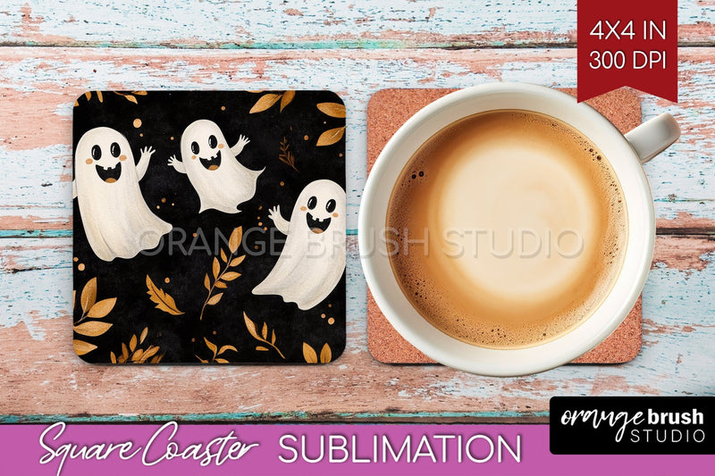 Cute Ghost Square Coaster - Halloween Coaster Sublimatio Sublimation OrangeBrushStudio 