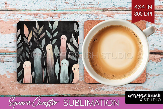 Cute Ghost Square Coaster - Halloween Coaster Sublimatio Sublimation OrangeBrushStudio 