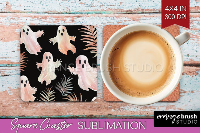 Cute Ghost Square Coaster - Halloween Coaster Sublimatio Sublimation OrangeBrushStudio 