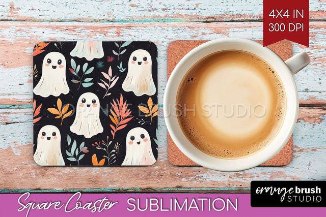 Cute Ghost Square Coaster - Halloween Coaster Sublimatio Sublimation OrangeBrushStudio 