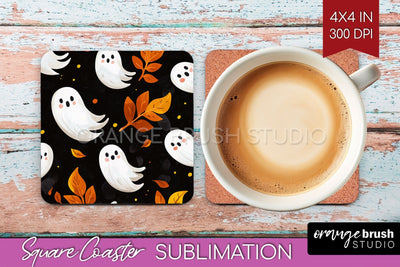 Cute Ghost Square Coaster - Halloween Coaster Sublimatio Sublimation OrangeBrushStudio 
