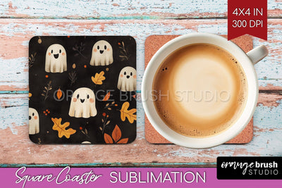 Cute Ghost Square Coaster - Halloween Coaster Sublimatio Sublimation OrangeBrushStudio 