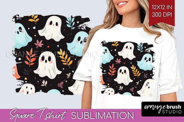 Cute Ghost Square Tshirt Background, Halloween Tshirt PNG Sublimation OrangeBrushStudio 
