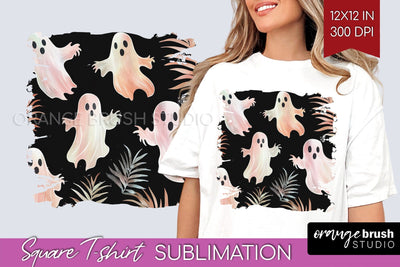 Cute Ghost Square Tshirt Background, Halloween Tshirt PNG Sublimation OrangeBrushStudio 