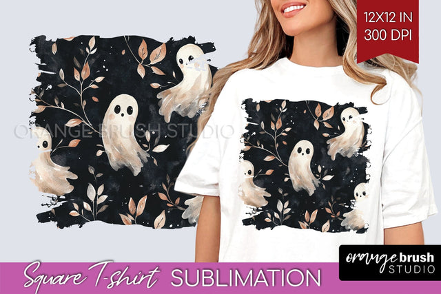 Cute Ghost Square Tshirt Background, Halloween Tshirt PNG Sublimation OrangeBrushStudio 
