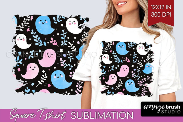 Cute Ghost Square Tshirt Background, Halloween Tshirt PNG Sublimation OrangeBrushStudio 