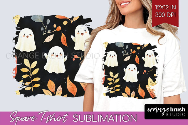 Cute Ghost Square Tshirt Background, Halloween Tshirt PNG Sublimation OrangeBrushStudio 