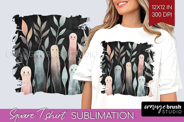 Cute Ghost Square Tshirt Background, Halloween Tshirt PNG Sublimation OrangeBrushStudio 