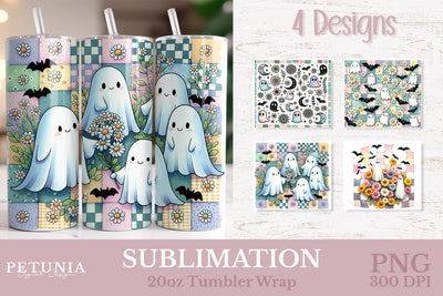 Cute Ghost Tumbler PNG | Retro Halloween Tumbler Wrap PNG Sublimation Petunia Digital Design 