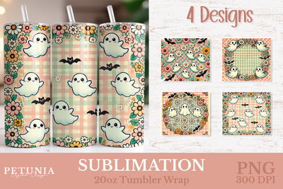 Cute Ghost Tumbler PNG | Retro Halloween Tumbler Wrap PNG Sublimation Petunia Digital Design 