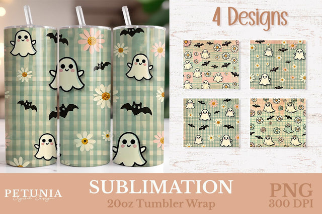 Cute Ghost Tumbler PNG | Retro Halloween Tumbler Wrap PNG Sublimation Petunia Digital Design 