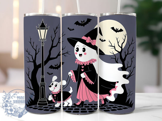 Cute Ghost Walking Dog Halloween Tumbler, Girly Ghost Wrap, Cute Halloween Cup, Kawaii Ghost Design, 20Oz Sublimation Wrap, Spooky Dog Drinkware, Trick Or Treat Tumbler Sublimation ToriDesigns 