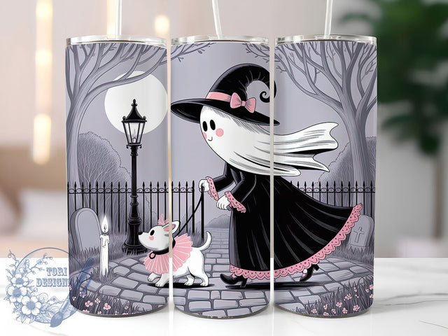 Cute Ghost Walking Dog Halloween Tumbler, Girly Ghost Wrap, Cute Halloween Cup, Kawaii Ghost Design, 20Oz Sublimation Wrap, Spooky Dog Drinkware, Trick Or Treat Tumbler Sublimation ToriDesigns 