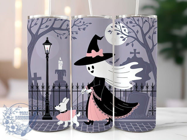 Cute Ghost Walking Dog Halloween Tumbler, Girly Ghost Wrap, Cute Halloween Cup, Kawaii Ghost Design, 20Oz Sublimation Wrap, Spooky Dog Drinkware, Trick Or Treat Tumbler Sublimation ToriDesigns 