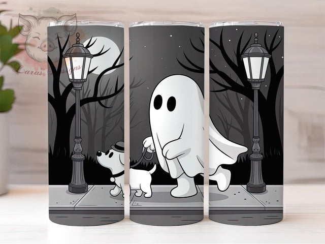 Cute Ghost Walking Dog Halloween Tumbler, Whimsical Ghost Dog Wrap, Trendy Halloween Pet Tumbler, Cute Ghost And Dog Sublimation, Spooky Dog Lover Drinkware, Haunted Pup Tumbler Design, Funny Halloween Dog Wr Sublimation Lara' s Designs 