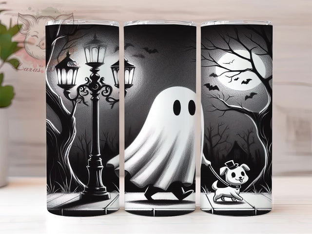Cute Ghost Walking Dog Halloween Tumbler, Whimsical Ghost Dog Wrap, Trendy Halloween Pet Tumbler, Cute Ghost And Dog Sublimation, Spooky Dog Lover Drinkware, Haunted Pup Tumbler Design, Funny Halloween Dog Wr Sublimation Lara' s Designs 