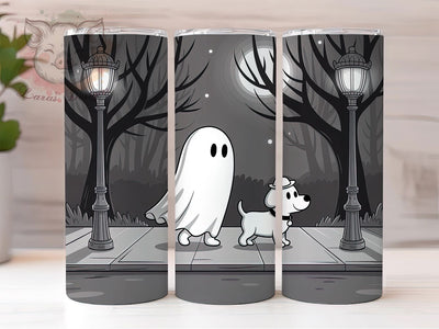 Cute Ghost Walking Dog Halloween Tumbler, Whimsical Ghost Dog Wrap, Trendy Halloween Pet Tumbler, Cute Ghost And Dog Sublimation, Spooky Dog Lover Drinkware, Haunted Pup Tumbler Design, Funny Halloween Dog Wr Sublimation Lara' s Designs 