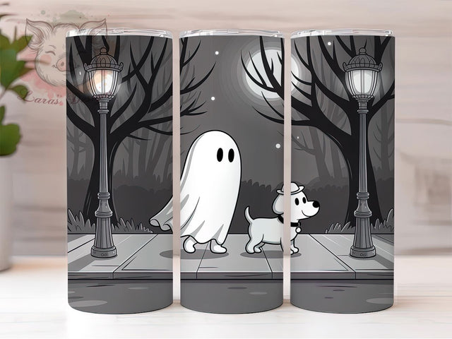 Cute Ghost Walking Dog Halloween Tumbler, Whimsical Ghost Dog Wrap, Trendy Halloween Pet Tumbler, Cute Ghost And Dog Sublimation, Spooky Dog Lover Drinkware, Haunted Pup Tumbler Design, Funny Halloween Dog Wr Sublimation Lara' s Designs 