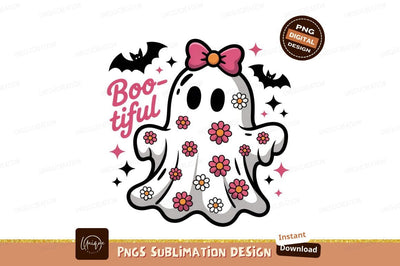 Cute ghost with flowers and bow halloween pink Sublimation Designangry 