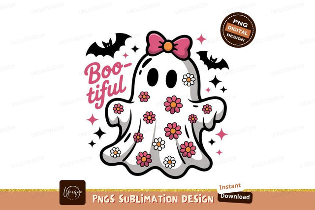 Cute ghost with flowers and bow halloween pink Sublimation Designangry 