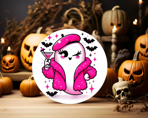 Cute Ghost with Martini Sublimation PNG, Halloween Ghost Clipart, Pink Beret Ghost Sublimation Luvleigh Digitals 