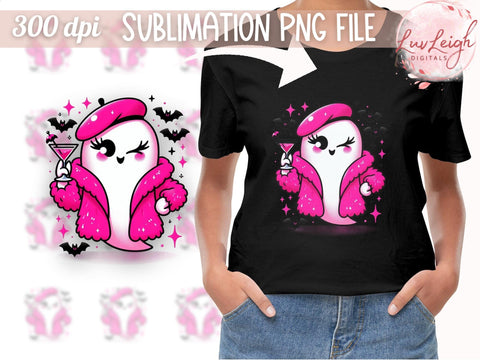 Cute Ghost with Martini Sublimation PNG, Halloween Ghost Clipart, Pink Beret Ghost Sublimation Luvleigh Digitals 