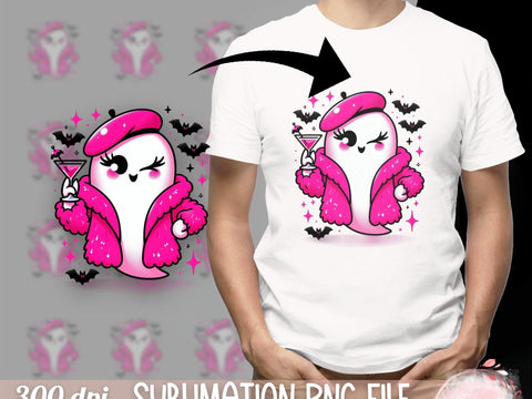Cute Ghost with Martini Sublimation PNG, Halloween Ghost Clipart, Pink Beret Ghost Sublimation Luvleigh Digitals 