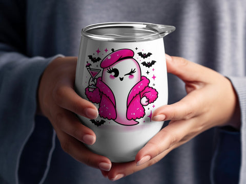 Cute Ghost with Martini Sublimation PNG, Halloween Ghost Clipart, Pink Beret Ghost Sublimation Luvleigh Digitals 