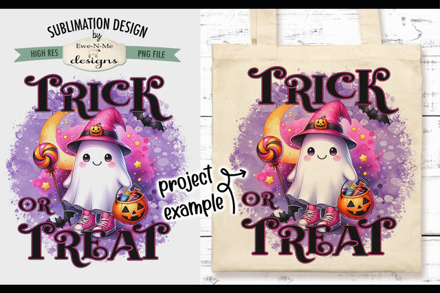 Cute Ghost with Pink High Tops Trick or Treat Halloween PNG Design for Sublimation and DTF Sublimation Ewe-N-Me Designs 