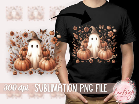 Cute Ghost with Pumpkins Halloween PNG Sublimation Luvleigh Digitals 