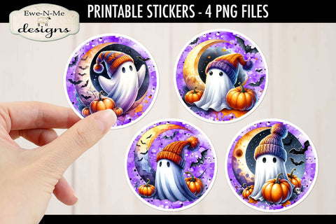 Cute Ghosts Round Printable Halloween Stickers | 4 PNG Files Sublimation Ewe-N-Me Designs 