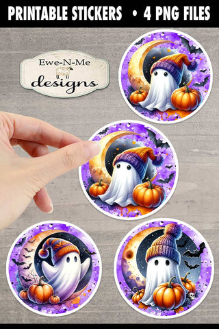 Cute Ghosts Round Printable Halloween Stickers | 4 PNG Files Sublimation Ewe-N-Me Designs 