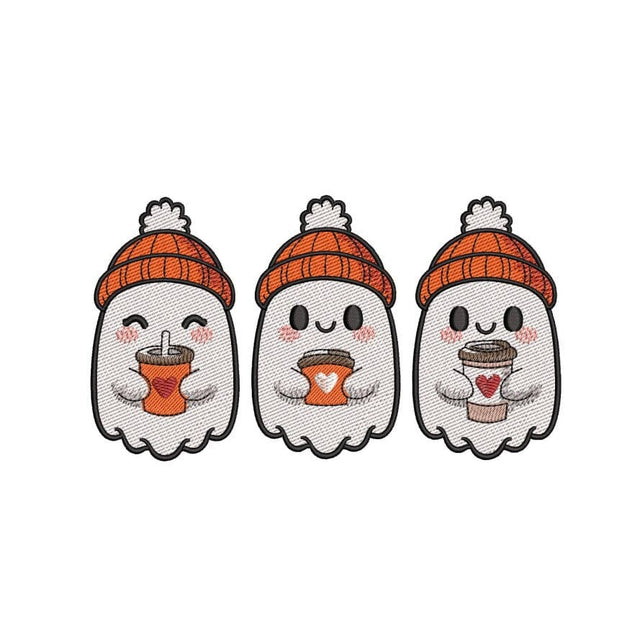 Cute Ghosts with Coffee Embroidery Design, Spooky Ghost Halloween Embroidery Design, Ghost Drinking Coffee Embroidery File, 4 sizes Embroidery/Applique DESIGNS Nino Nadaraia 