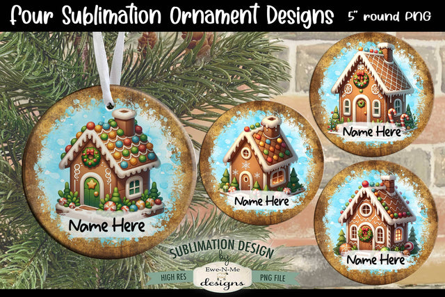 Cute Gingerbread House Ornament Designs PNG Files | Add Name Sublimation Ewe-N-Me Designs 
