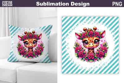 Cute Giraffe Floral Pillow Design Sublimation WatercolorColorDream 