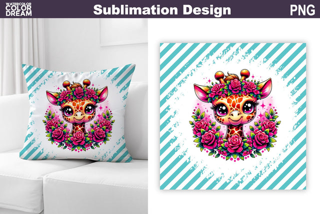 Cute Giraffe Floral Pillow Design Sublimation WatercolorColorDream 