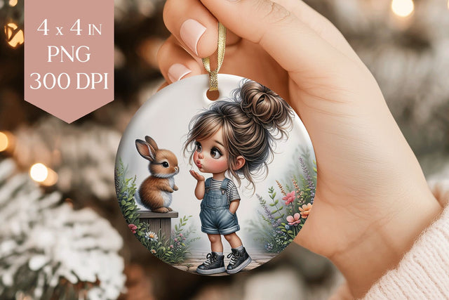 Cute Girl and Bunny Ornament PNG Sublimation BijouBay 