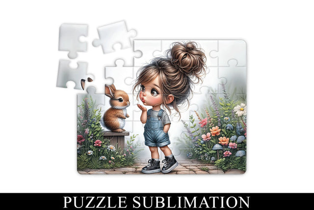 Cute Girl and Bunny Puzzle Sublimation PNG Sublimation BijouBay 